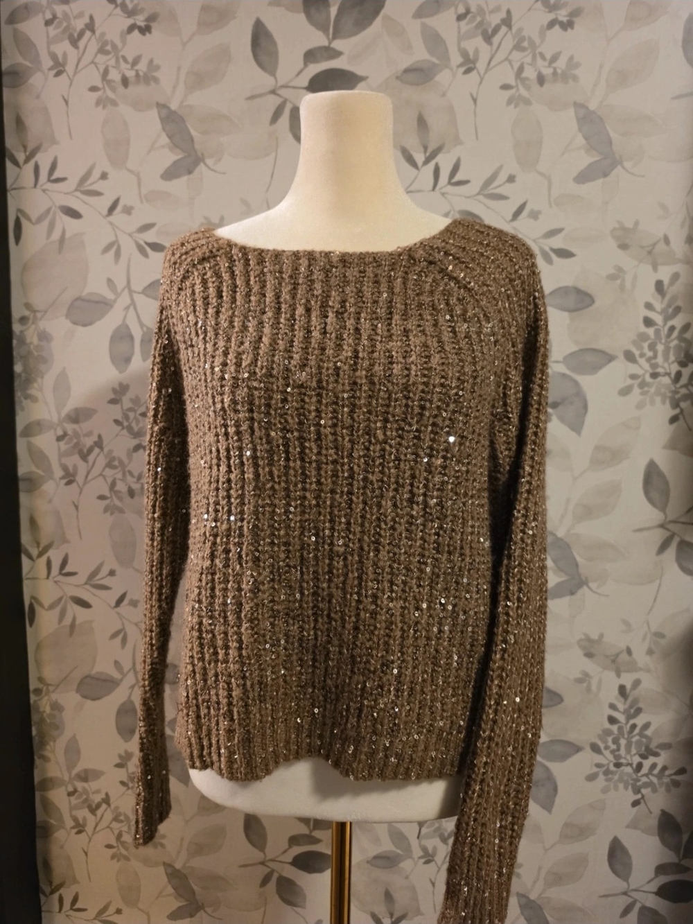 Jennifer Lopez Brown Sequin Ribbed Crewneck Sweater